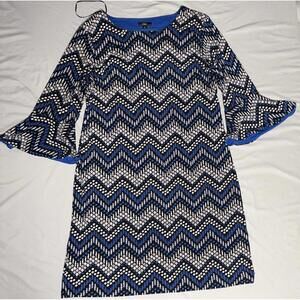 R&K Women's Blue and Black Zigzag Pattern Dress with Bell Sleeves 16